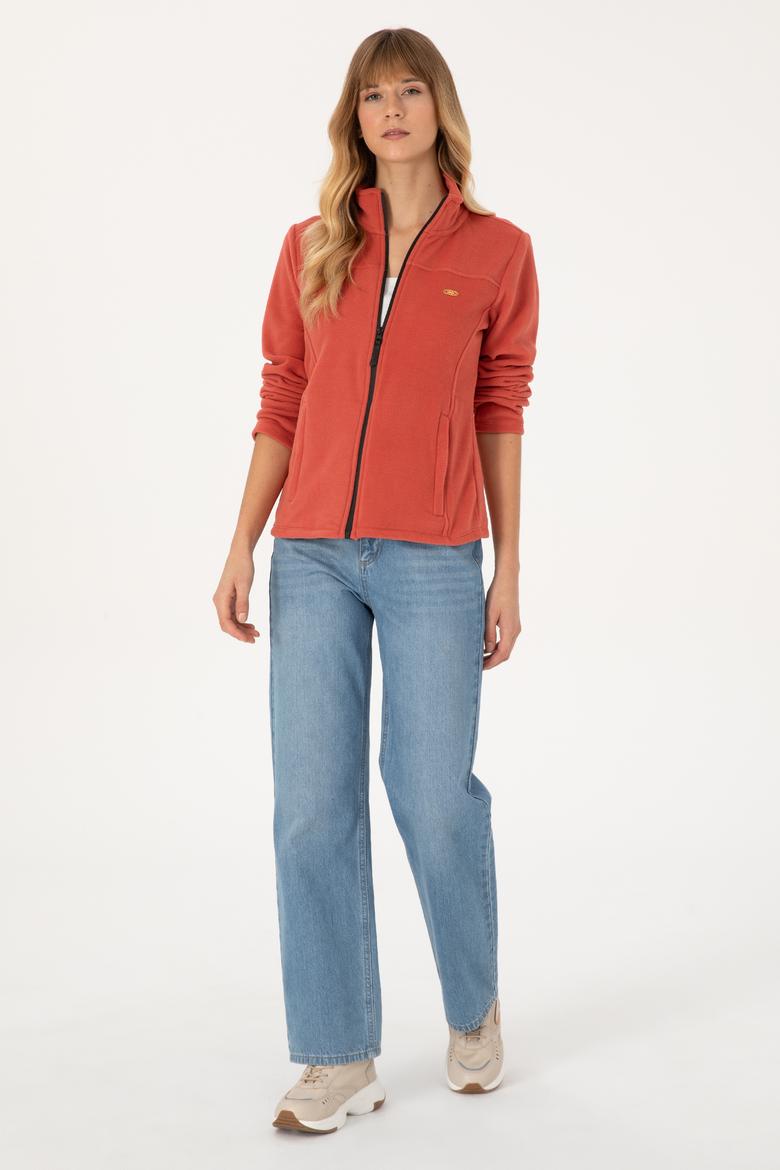 Kadın Kiremit Fermuarlı Dik Yaka Polar Sweatshirt - 50316729088