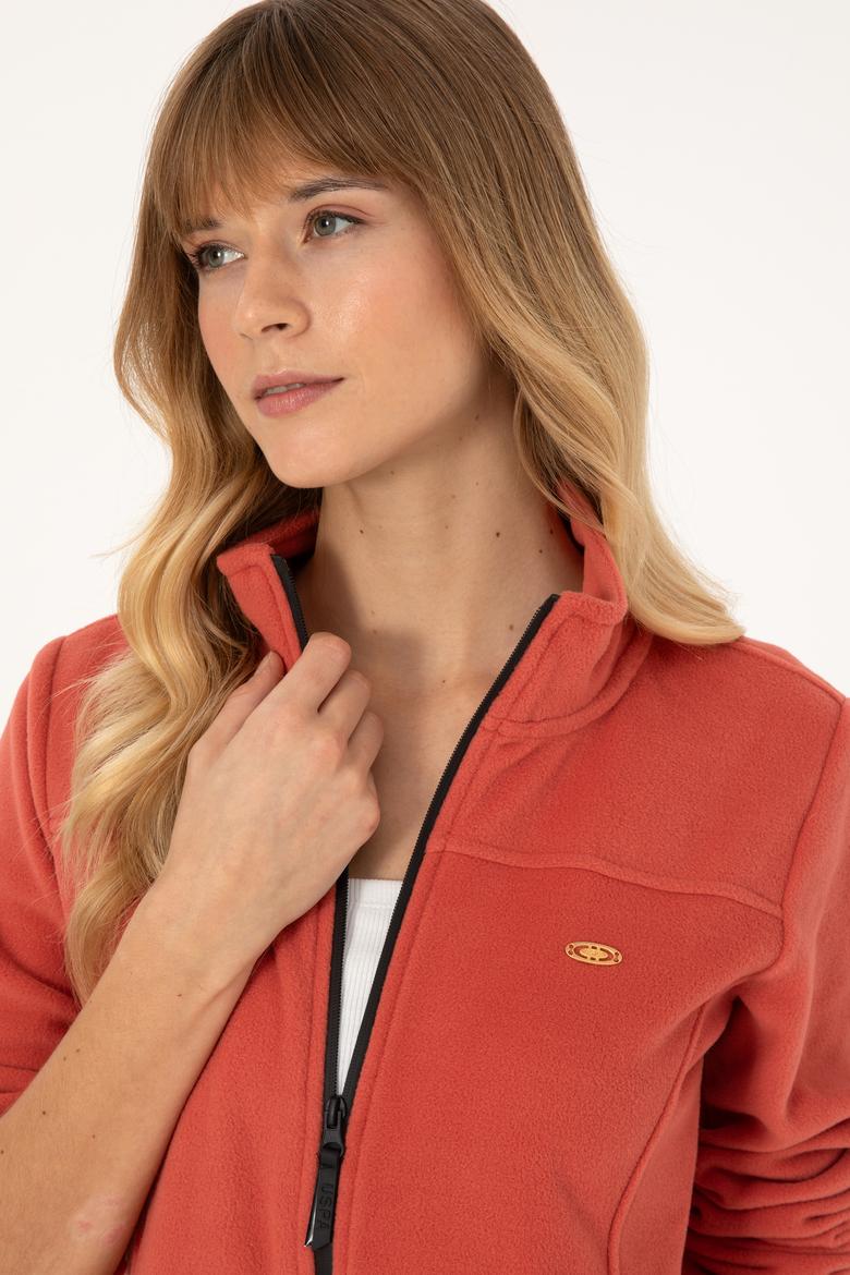 Kadın Kiremit Fermuarlı Dik Yaka Polar Sweatshirt - 50316729088