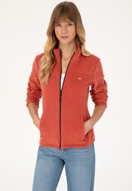 Kadın Kiremit Fermuarlı Dik Yaka Polar Sweatshirt - 50316729088