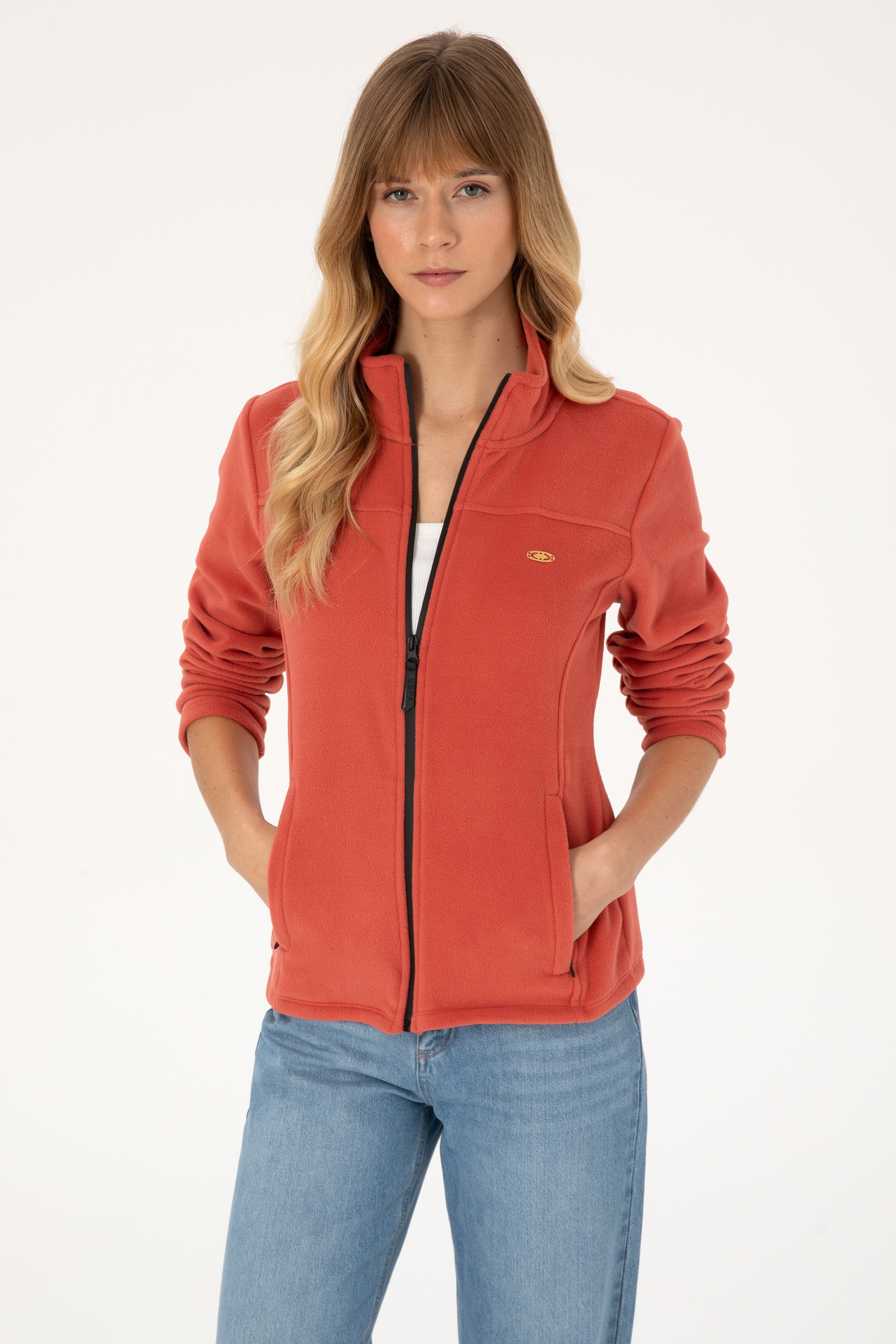 Kadın Kiremit Fermuarlı Dik Yaka Polar Sweatshirt