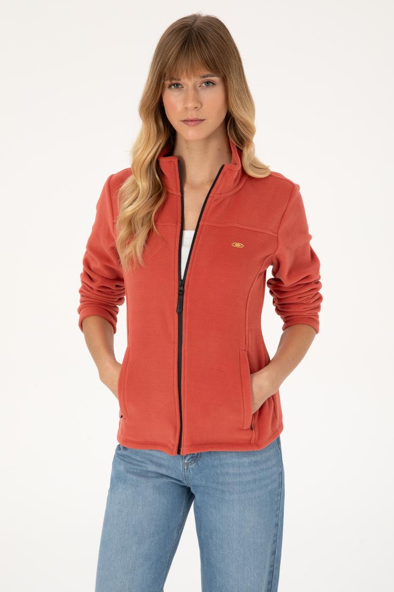 Kadın Kiremit Fermuarlı Dik Yaka Polar Sweatshirt