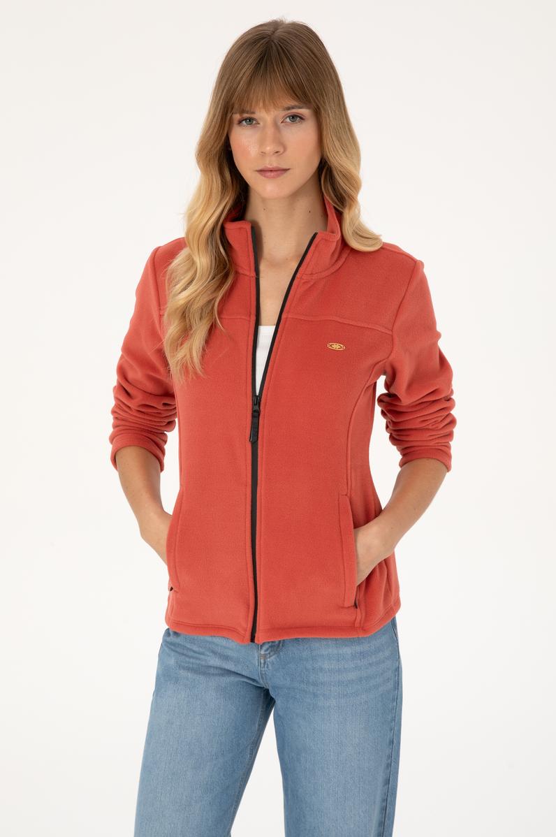 Kadın Kiremit Fermuarlı Dik Yaka Polar Sweatshirt