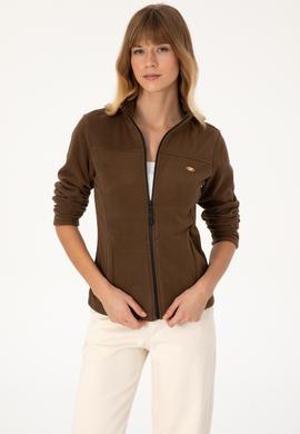 Kadın Kahverengi Fermuarlı Dik Yaka Polar Sweatshirt - 50316729047