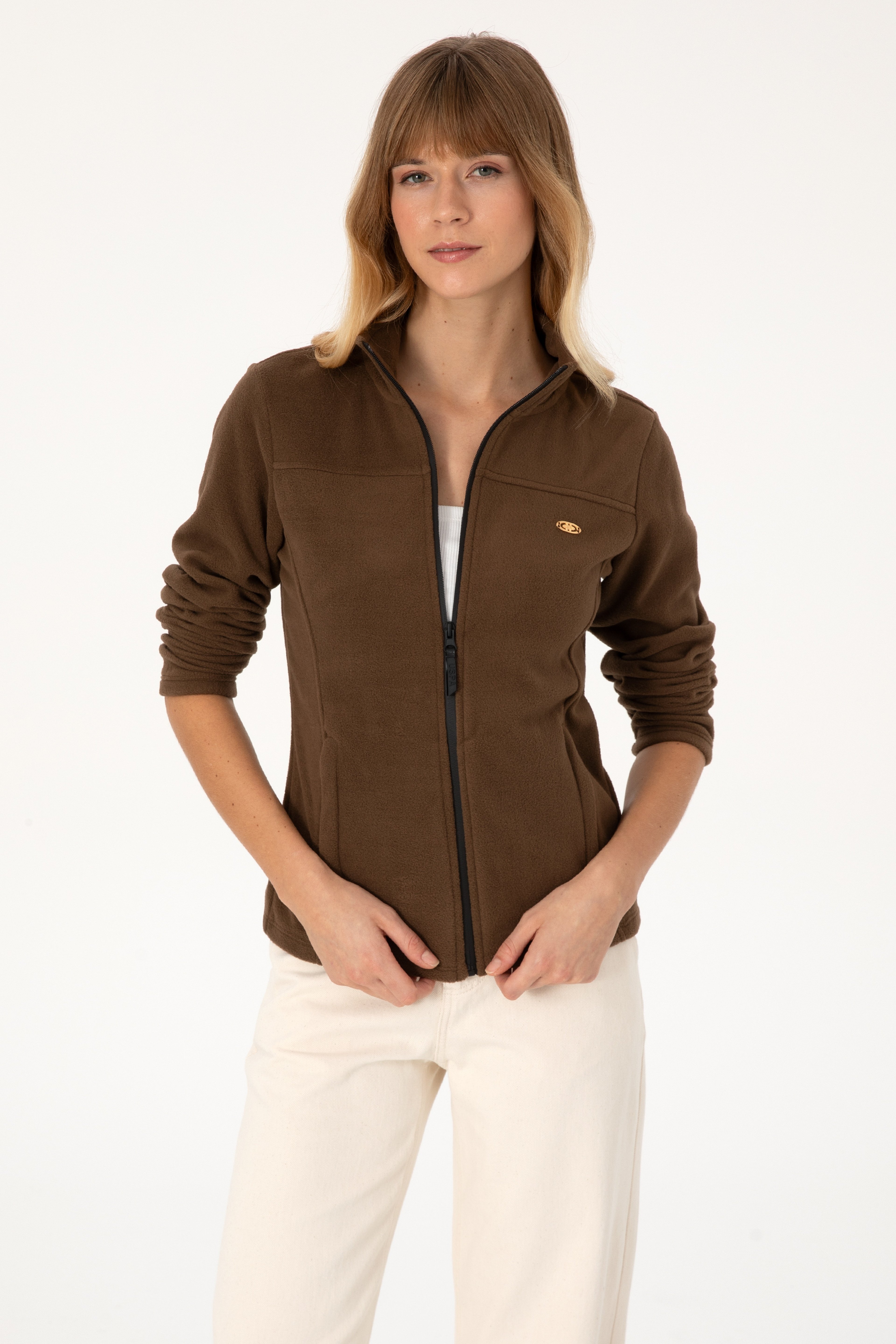 Kadın Kahverengi Fermuarlı Dik Yaka Polar Sweatshirt