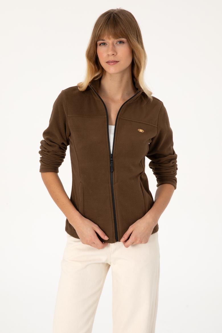 Kadın Kahverengi Fermuarlı Dik Yaka Polar Sweatshirt