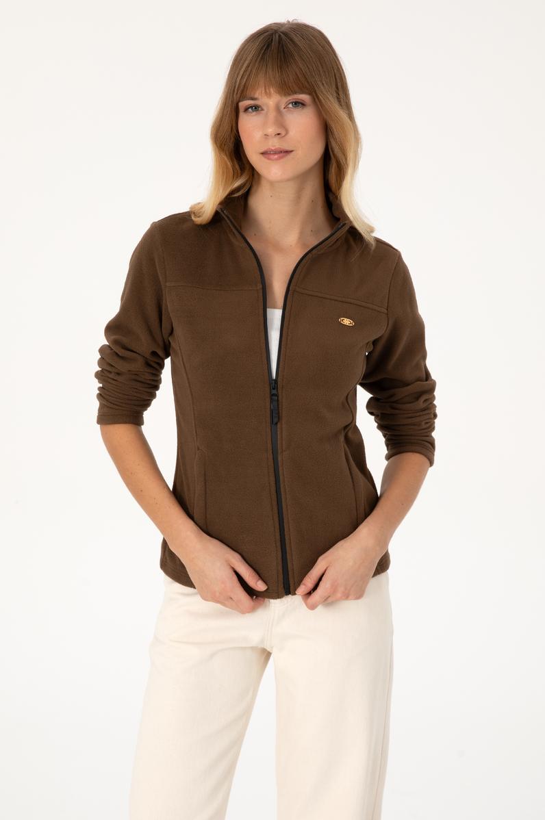 Kadın Kahverengi Fermuarlı Dik Yaka Polar Sweatshirt