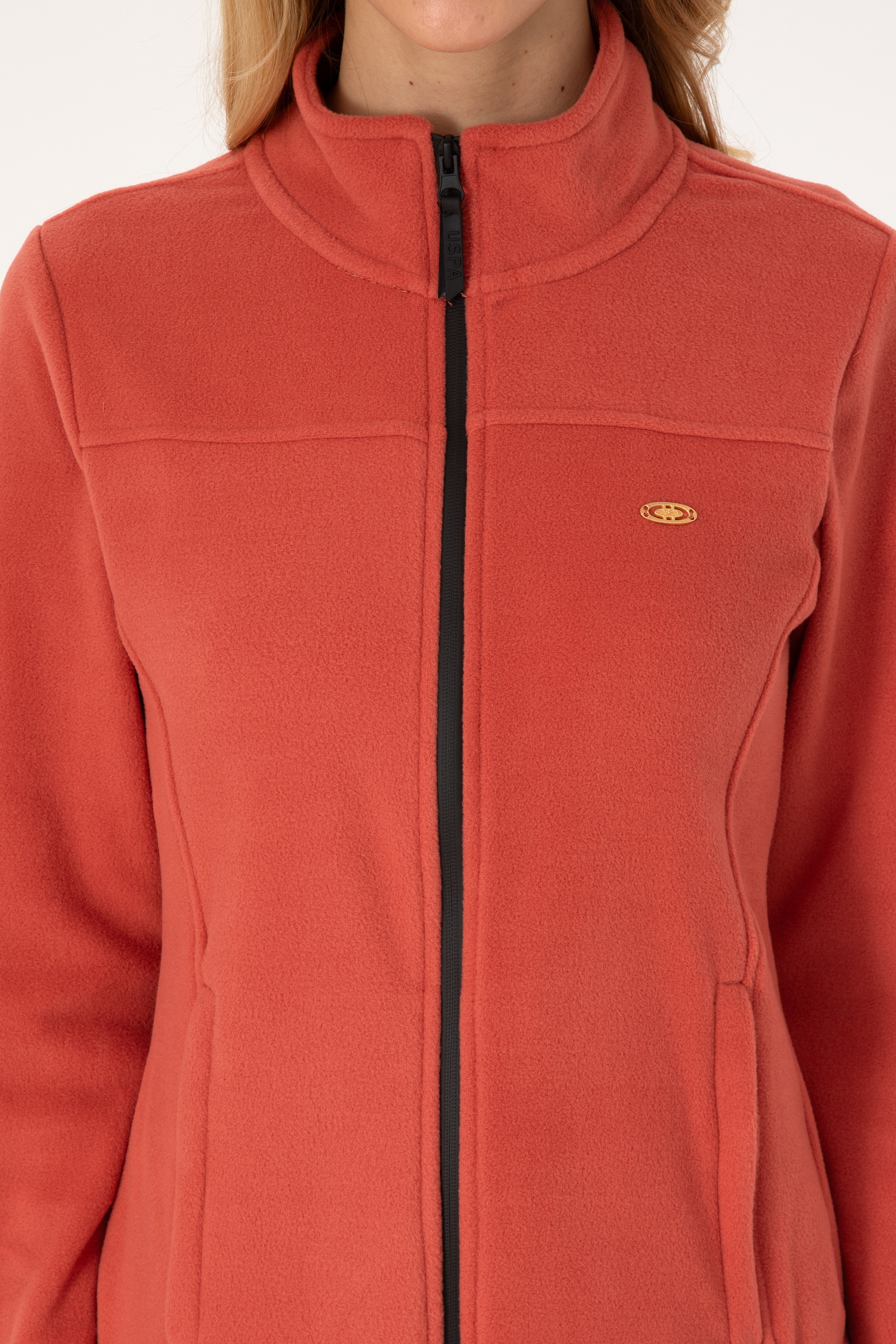 Kadın Kiremit Fermuarlı Dik Yaka Polar Sweatshirt