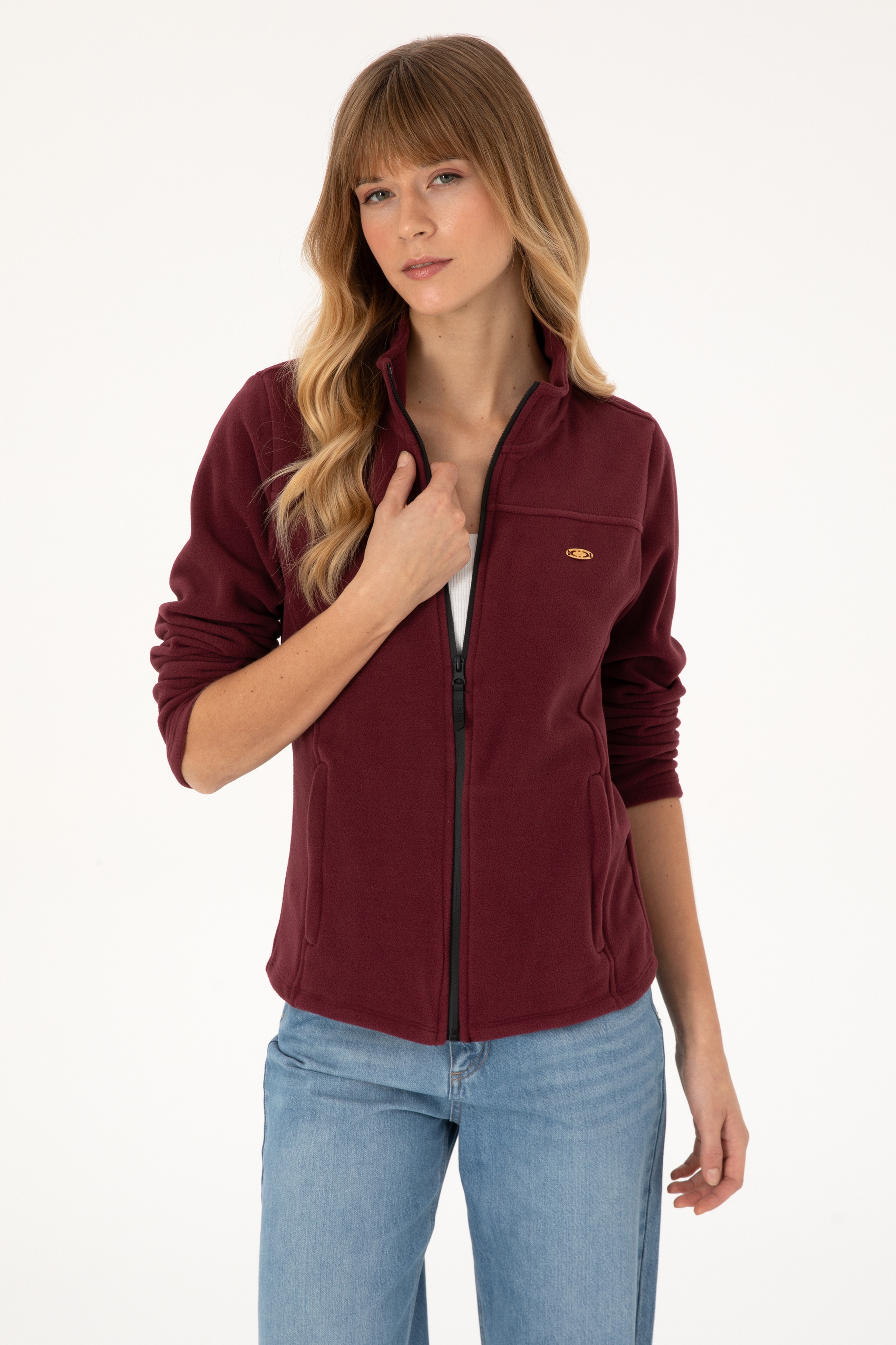 Kadın Bordo Fermuarlı Dik Yaka Polar Sweatshirt - Image 1