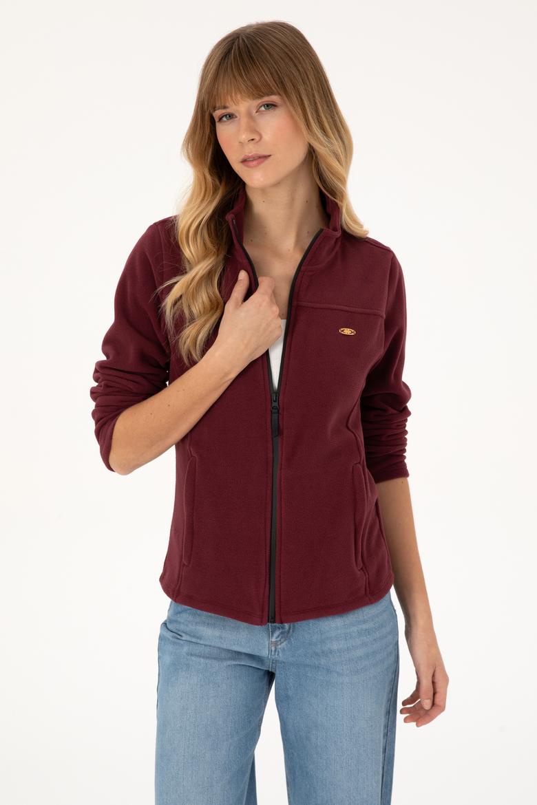 Kadın Bordo Fermuarlı Dik Yaka Polar Sweatshirt