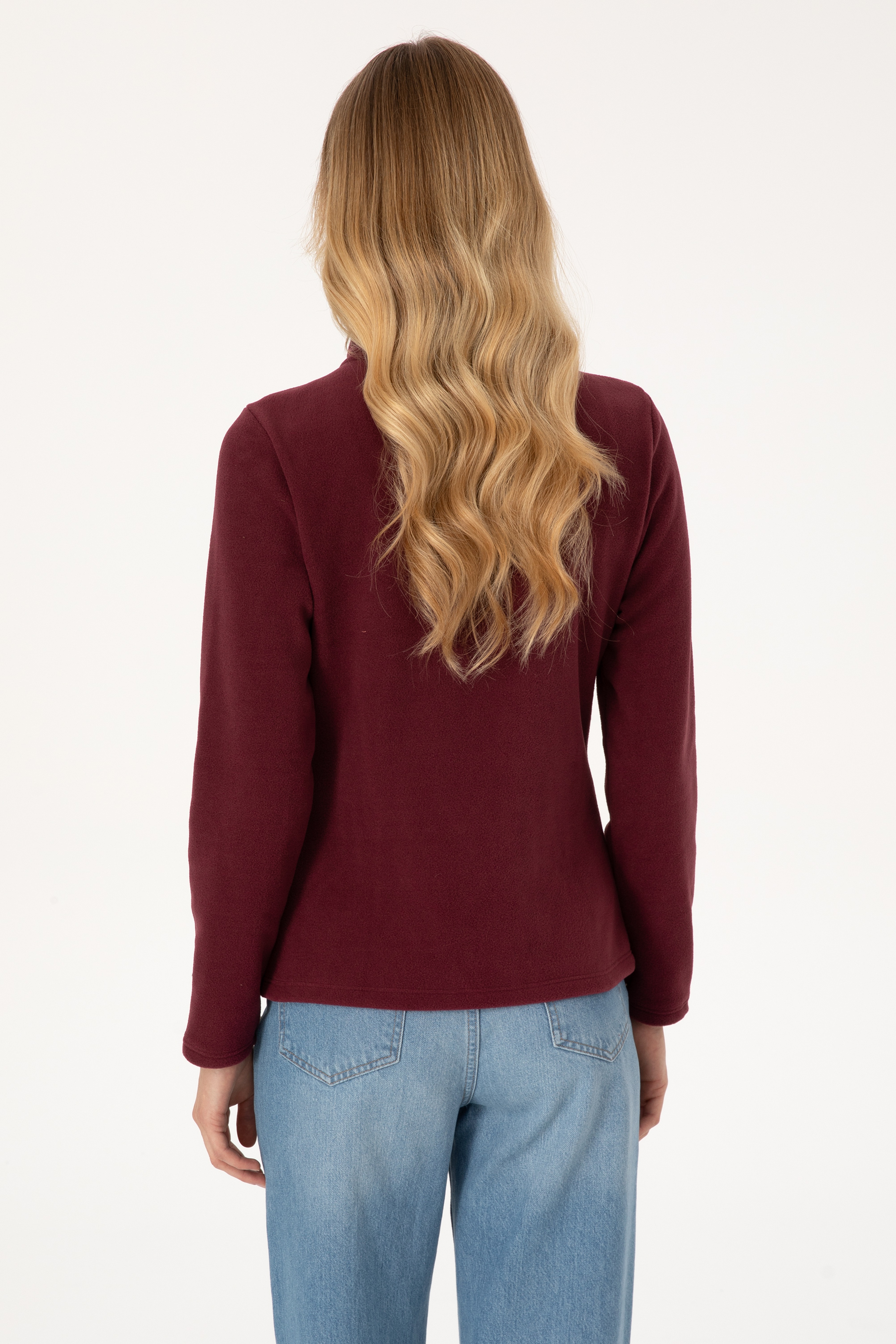 Kadın Bordo Fermuarlı Dik Yaka Polar Sweatshirt - Image 5