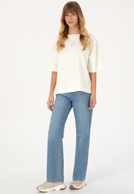 Kadın Krem Kısa Kollu Bisiklet Yaka Sweatshirt - 50309473004