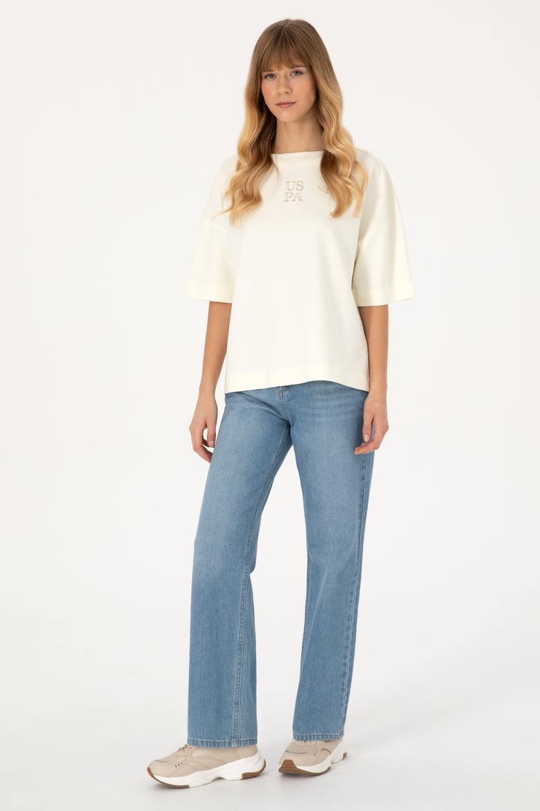 Kadın Krem Kısa Kollu Bisiklet Yaka Sweatshirt - 50309473004