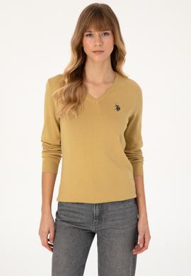 Kadın Hardal V Yaka Basic Kazak - 50313590095