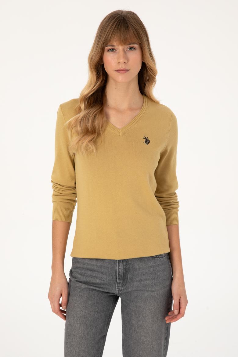 Kadın Hardal V Yaka Basic Kazak