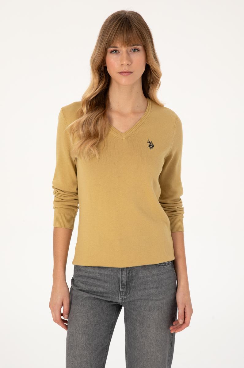 Kadın Hardal V Yaka Basic Kazak