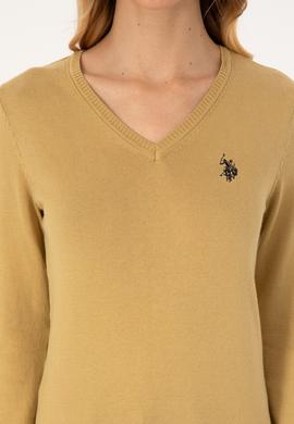 Kadın Hardal V Yaka Basic Kazak - 50313590095