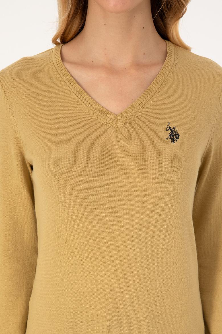 Kadın Hardal V Yaka Basic Kazak - 50313590095