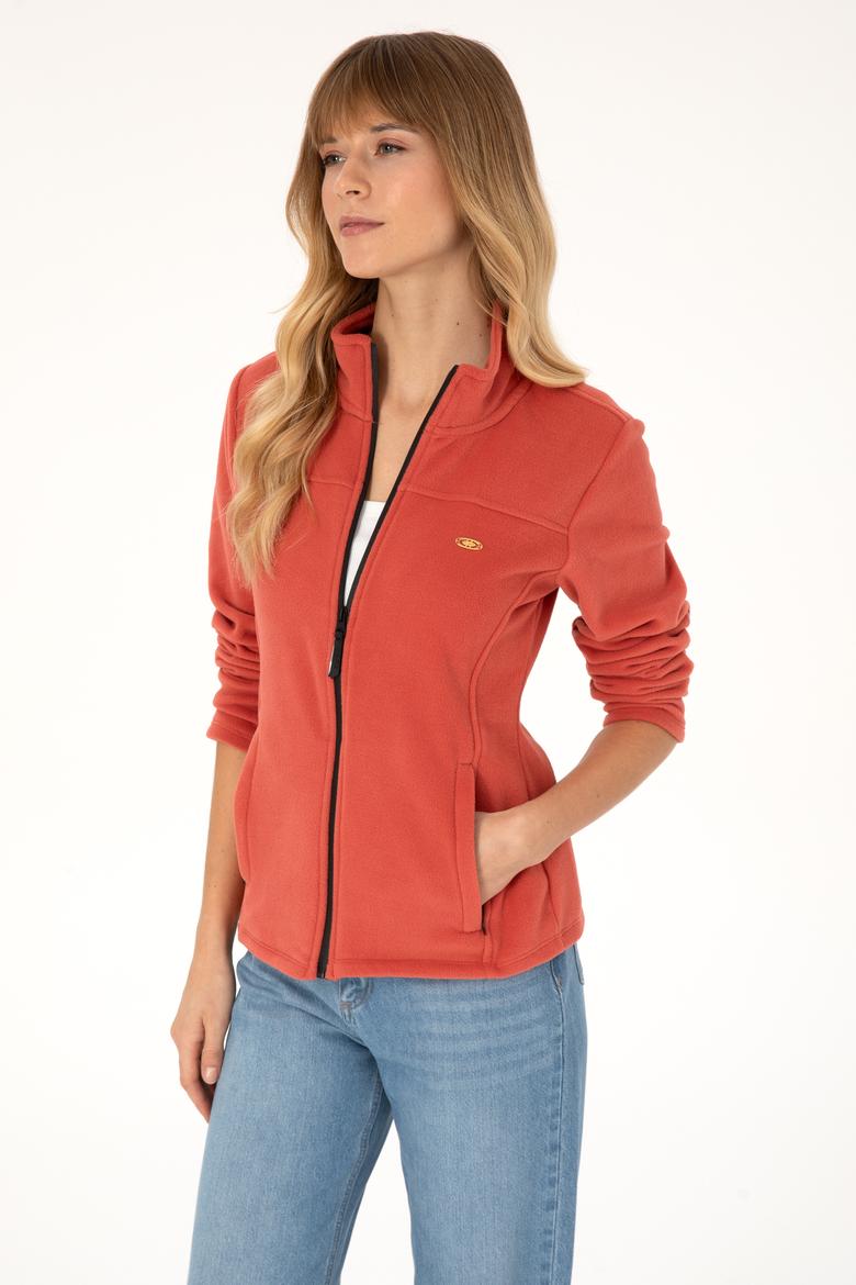 Kadın Kiremit Fermuarlı Dik Yaka Polar Sweatshirt - 50316729088