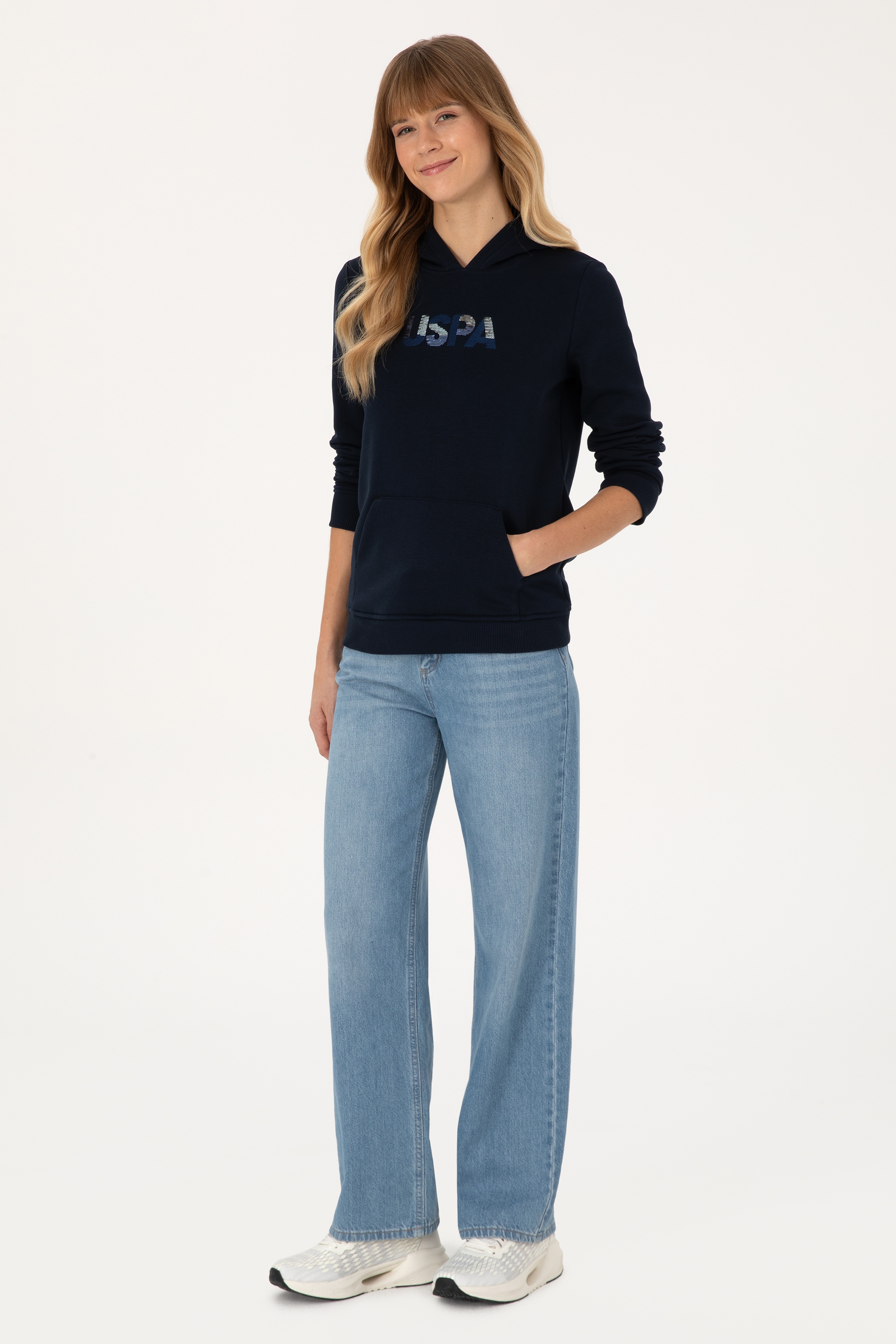 Kadın Lacivert Kapüşonlu Basic Sweatshirt - Image 4