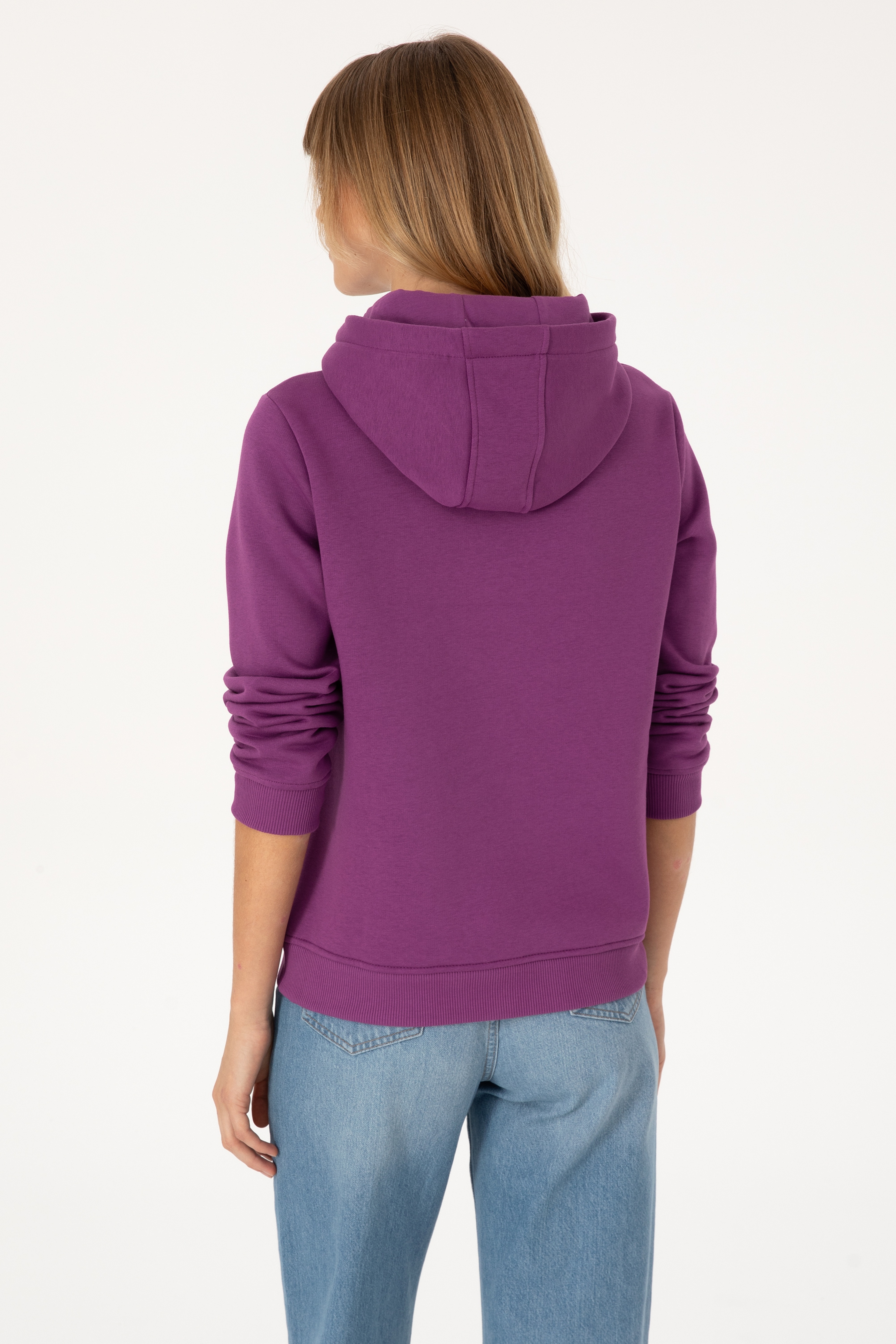 Kadın Menekşe Kapüşonlu Basic Sweatshirt - Image 5