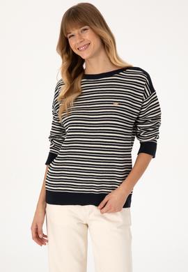 Kadın Lacivert Çizgili Bisiklet Yaka Kazak - 50308921019