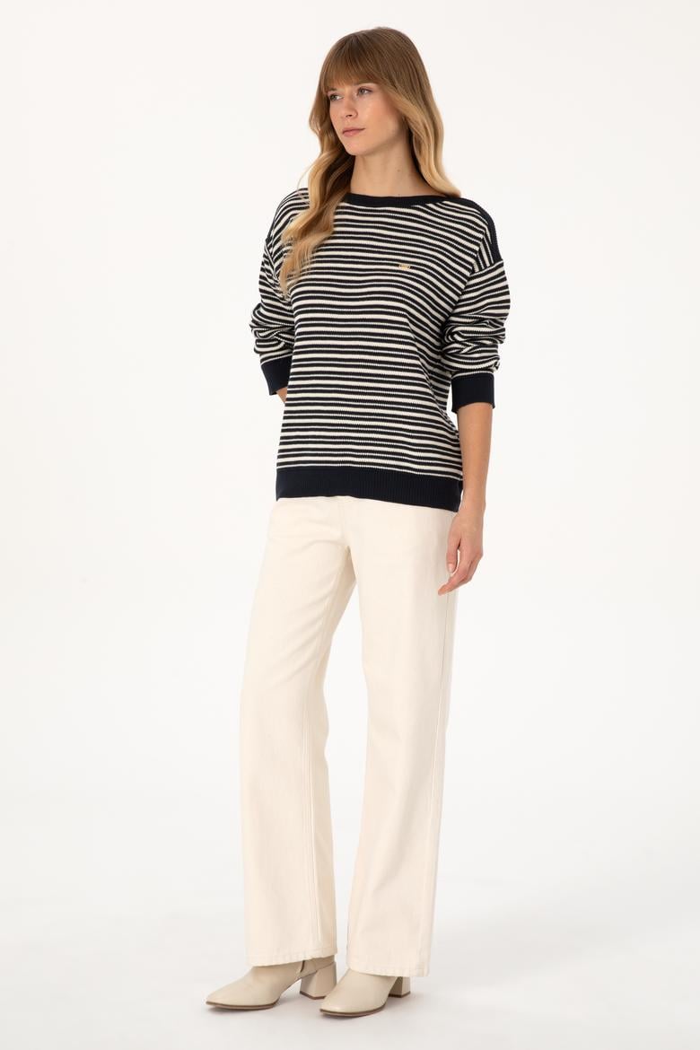 Kadın Lacivert Çizgili Bisiklet Yaka Kazak - 50308921019