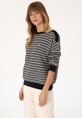 Kadın Lacivert Çizgili Bisiklet Yaka Kazak - 50308921019