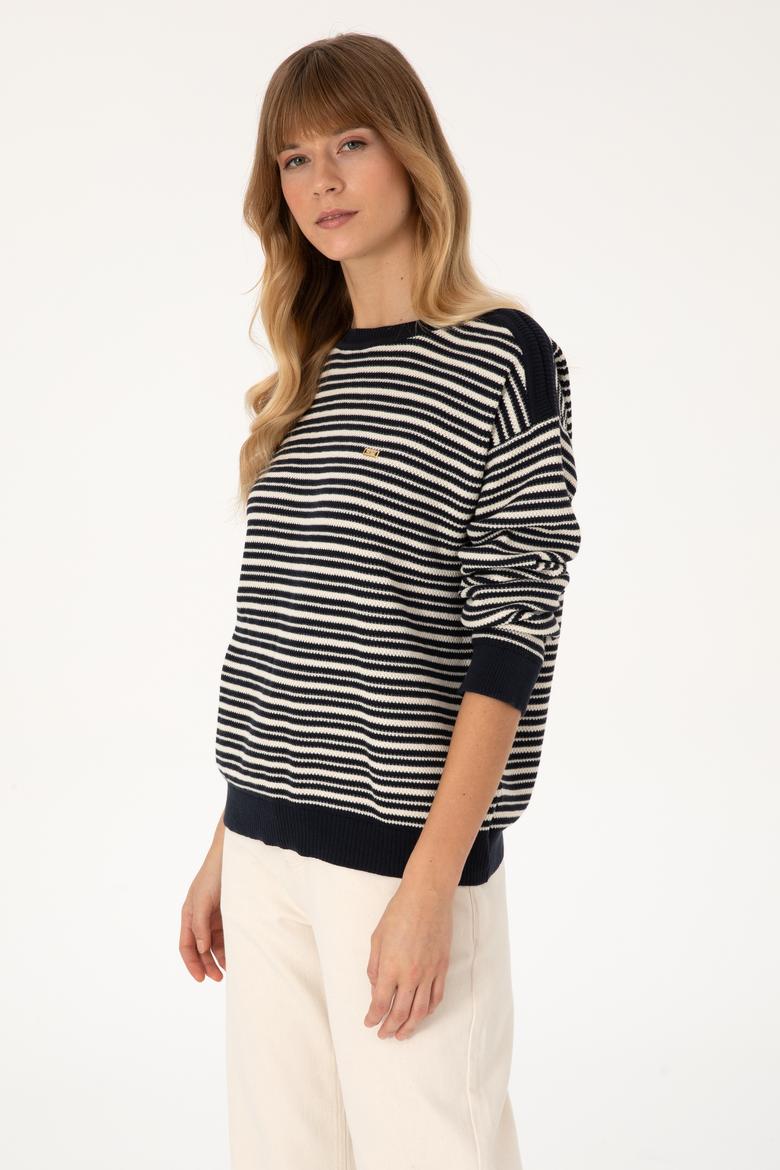 Kadın Lacivert Çizgili Bisiklet Yaka Kazak - 50308921019