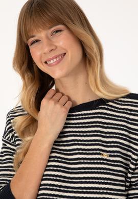 Kadın Lacivert Çizgili Bisiklet Yaka Kazak - 50308921019