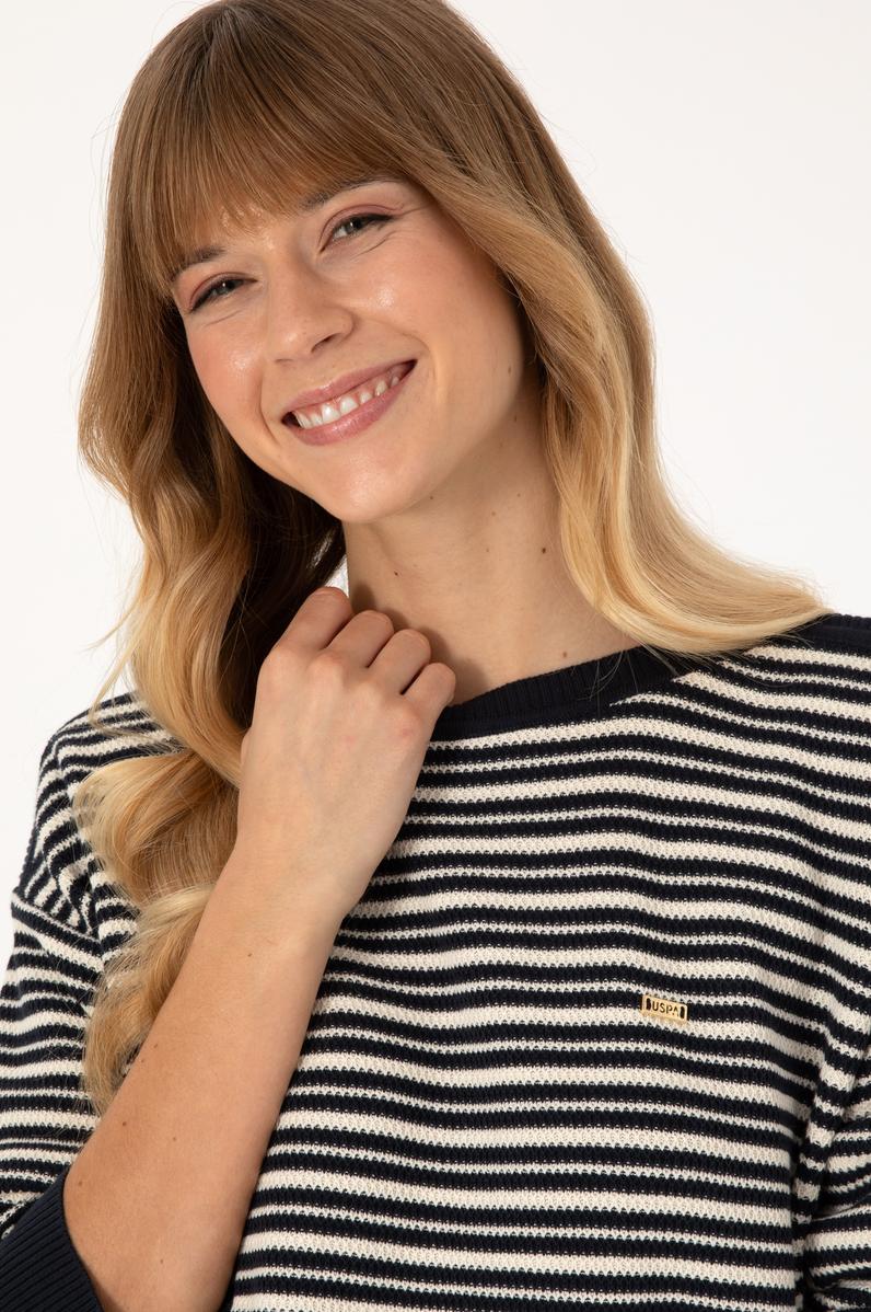 Kadın Lacivert Çizgili Bisiklet Yaka Kazak