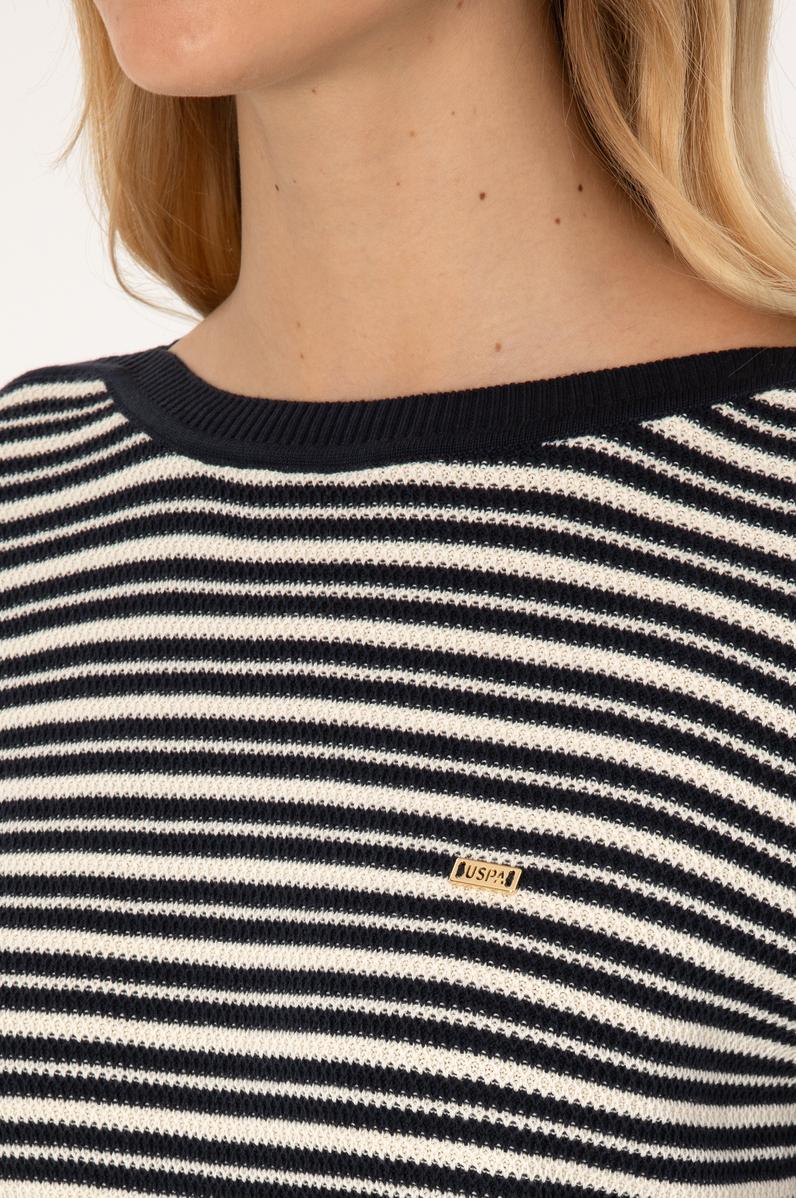 Kadın Lacivert Çizgili Bisiklet Yaka Kazak