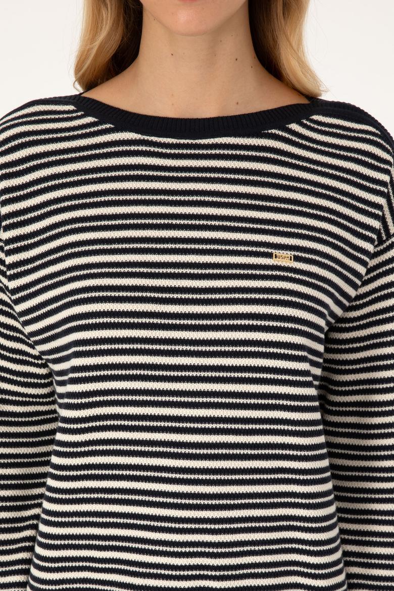 Kadın Lacivert Çizgili Bisiklet Yaka Kazak - 50308921019