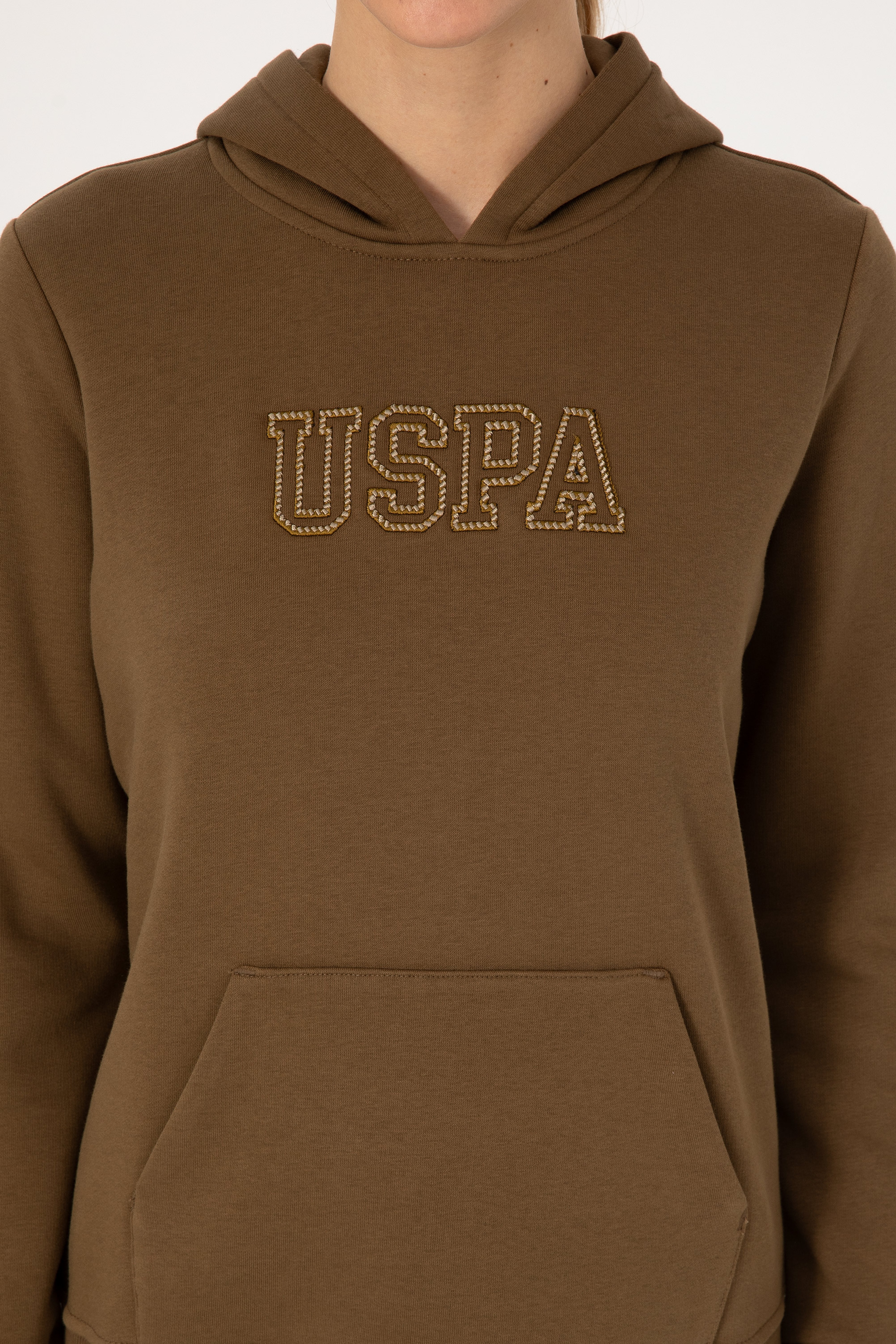Kadın Haki Şardonlu Kapüşonlu Basic Sweatshirt - Image 6
