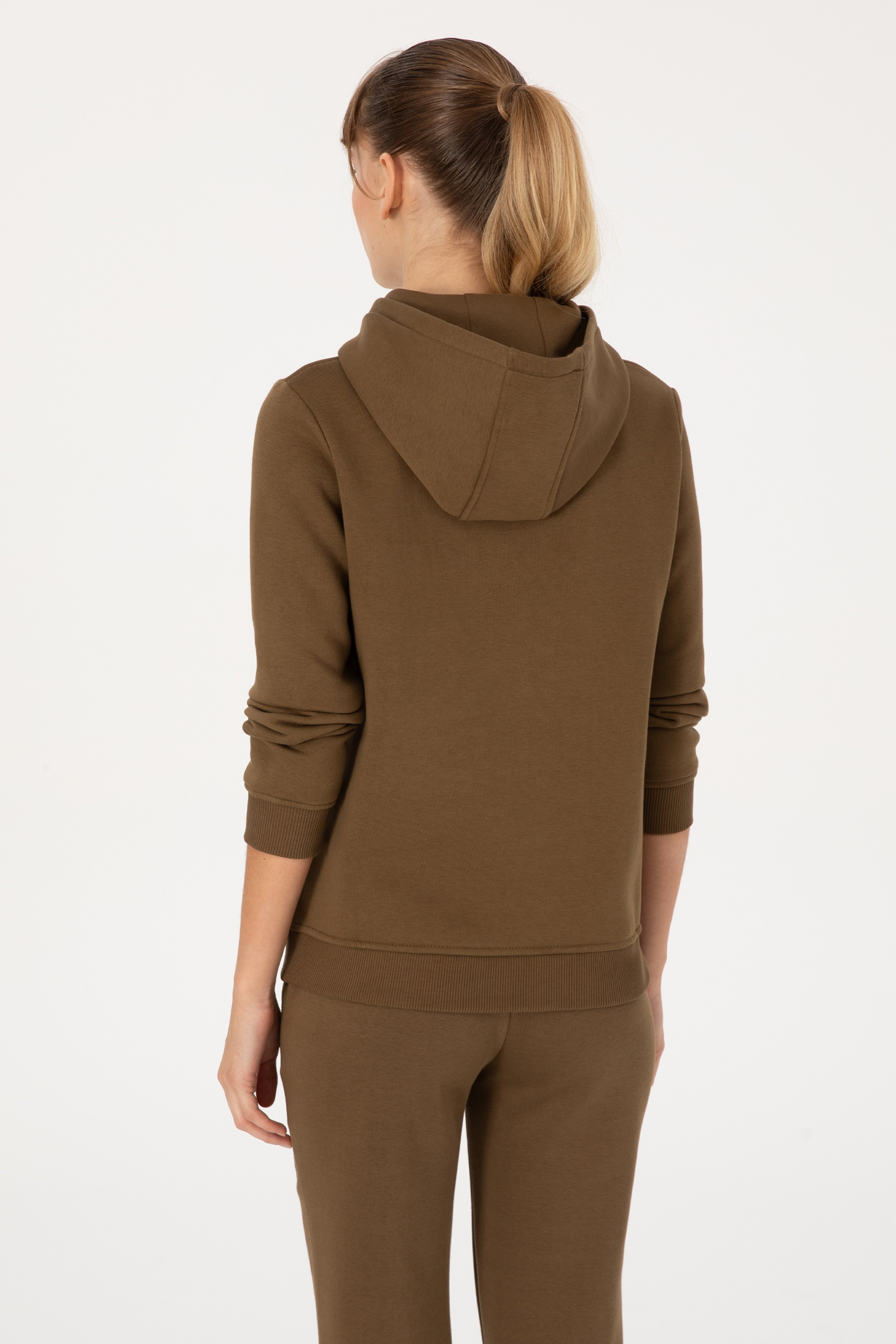 Kadın Haki Şardonlu Kapüşonlu Basic Sweatshirt - Image 5
