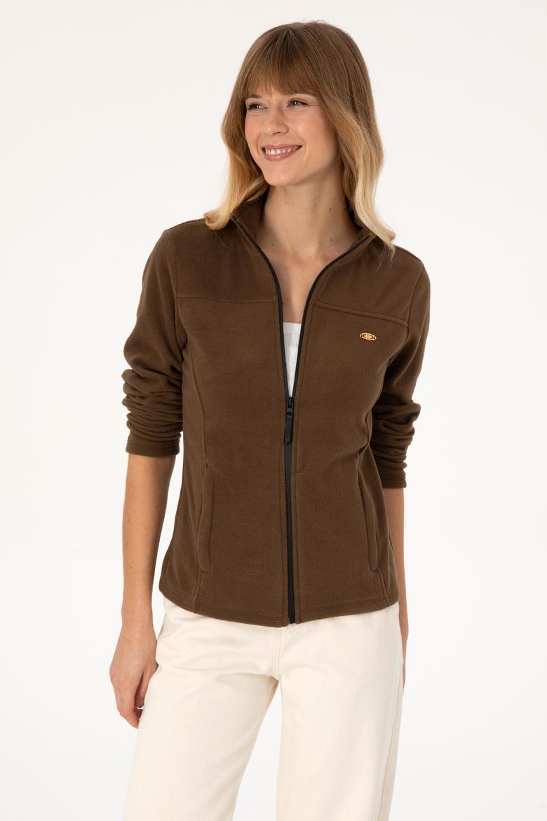 Kadın Kahverengi Fermuarlı Dik Yaka Polar Sweatshirt - 50316729047