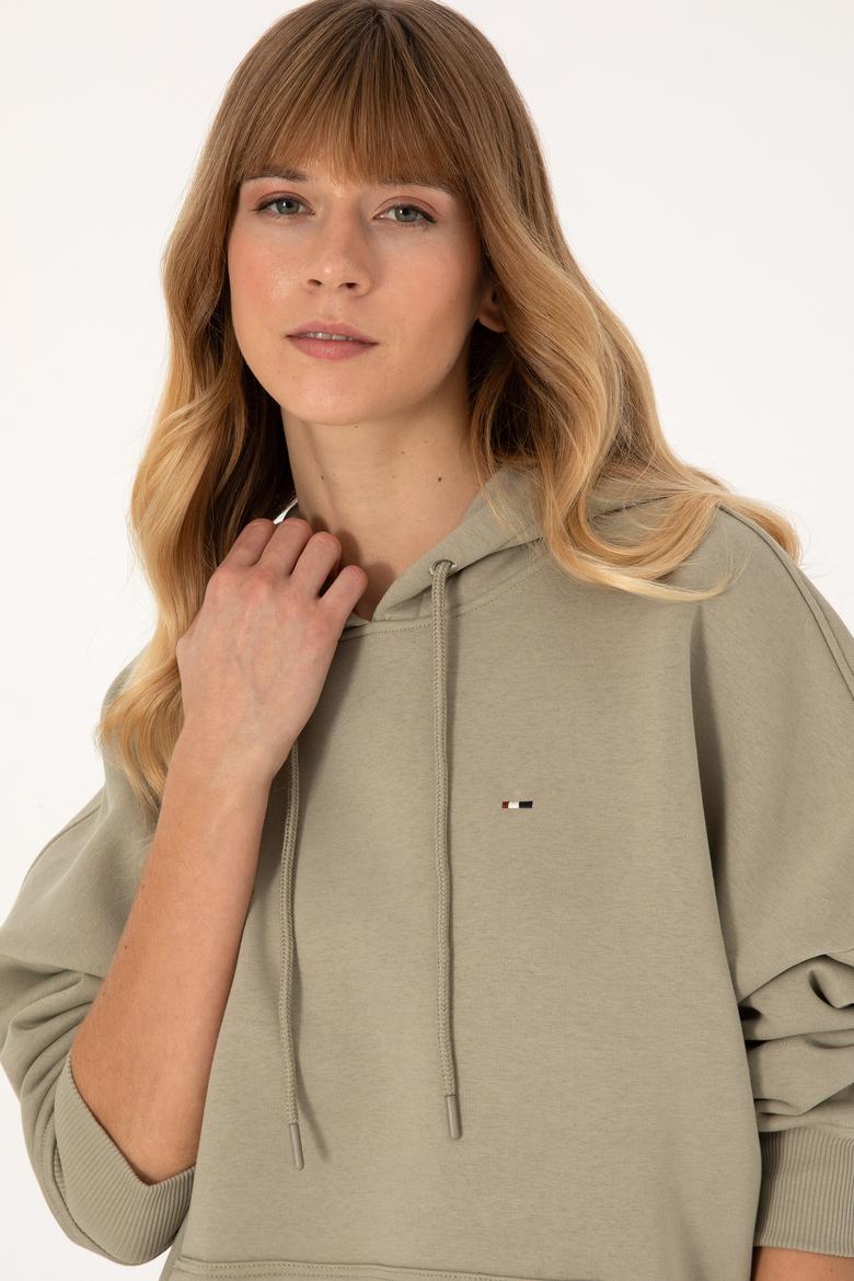 Kadın Açık Haki Şardonlu Kapüşonlu Sweatshırt - 50313567061