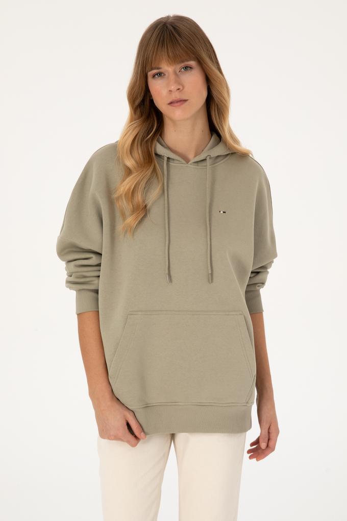 Kadın Açık Haki Şardonlu Kapüşonlu Sweatshırt