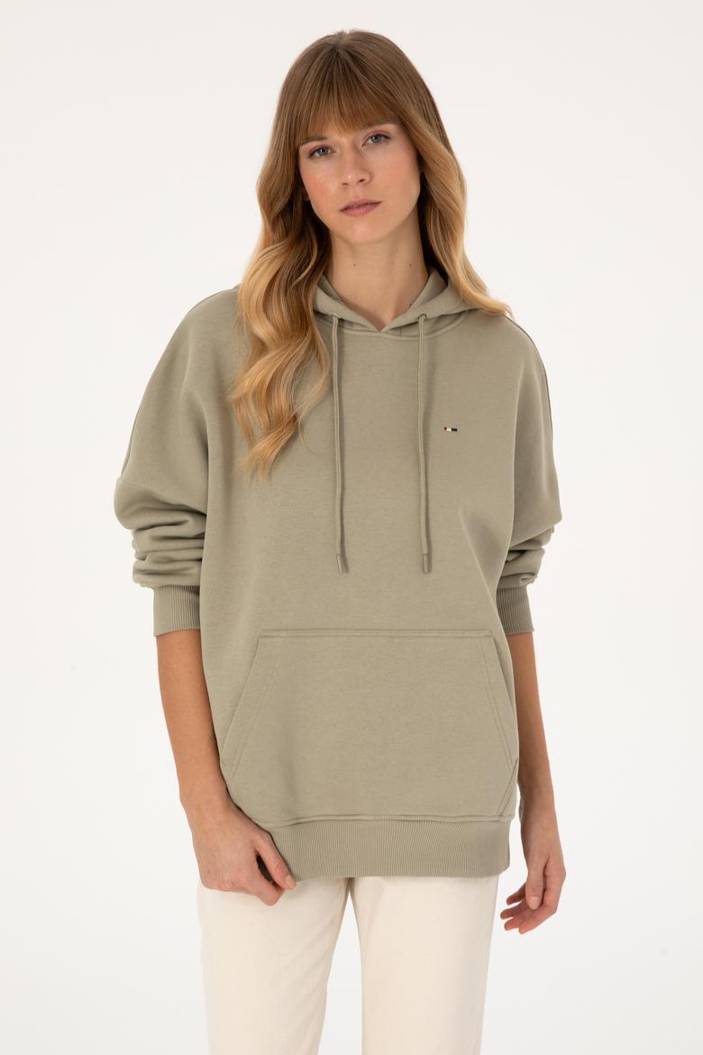 Kadın Açık Haki Şardonlu Kapüşonlu Sweatshırt