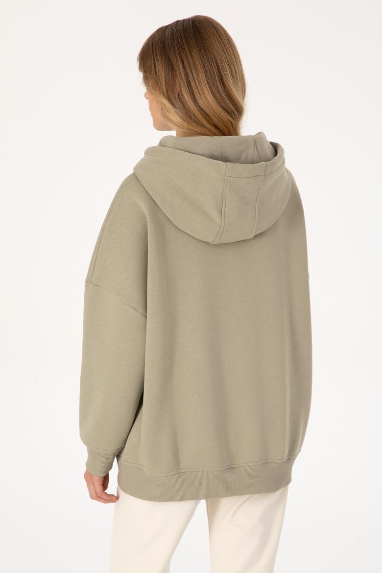 Kadın Açık Haki Şardonlu Kapüşonlu Sweatshırt - 50313567061