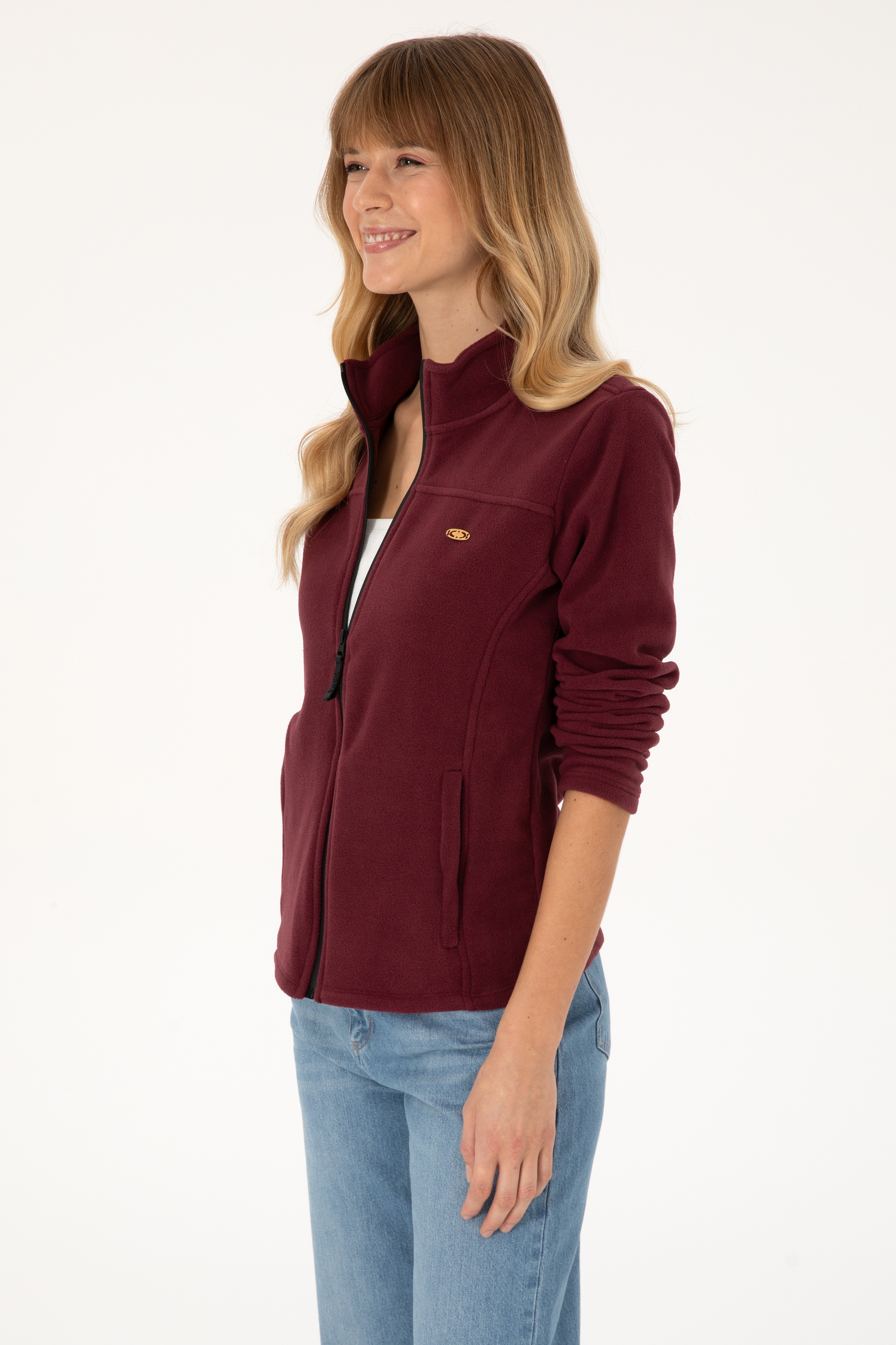 Kadın Bordo Fermuarlı Dik Yaka Polar Sweatshirt