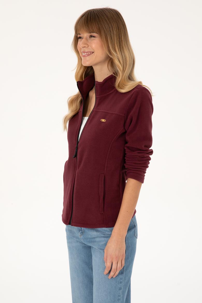 Kadın Bordo Fermuarlı Dik Yaka Polar Sweatshirt - 50316729020