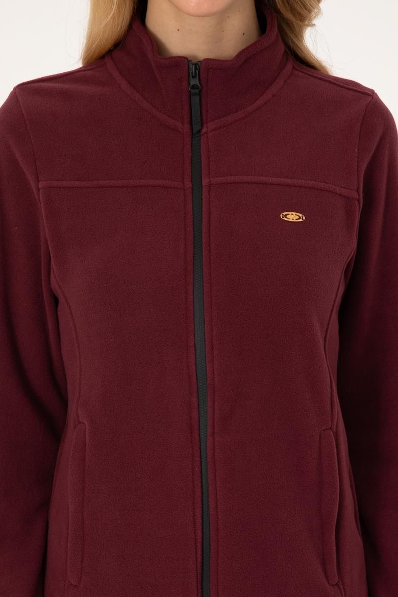 Kadın Bordo Fermuarlı Dik Yaka Polar Sweatshirt - 50316729020