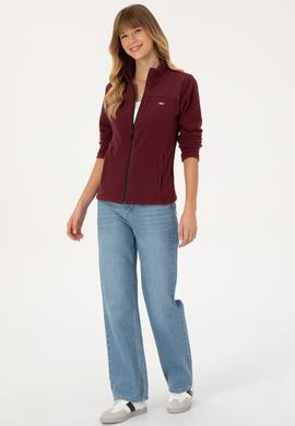 Kadın Bordo Fermuarlı Dik Yaka Polar Sweatshirt - 50316729020