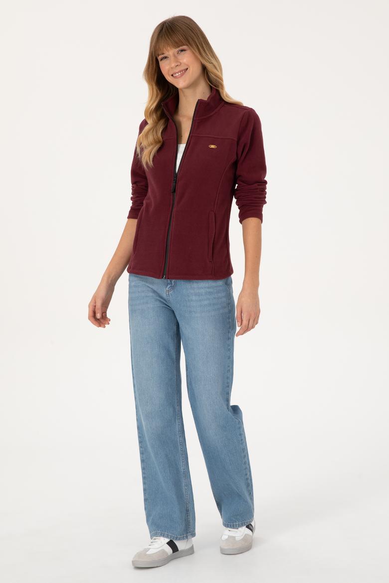 Kadın Bordo Fermuarlı Dik Yaka Polar Sweatshirt - 50316729020
