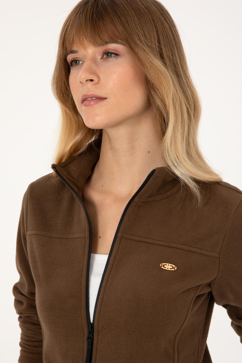 Kadın Kahverengi Fermuarlı Dik Yaka Polar Sweatshirt - 50316729047