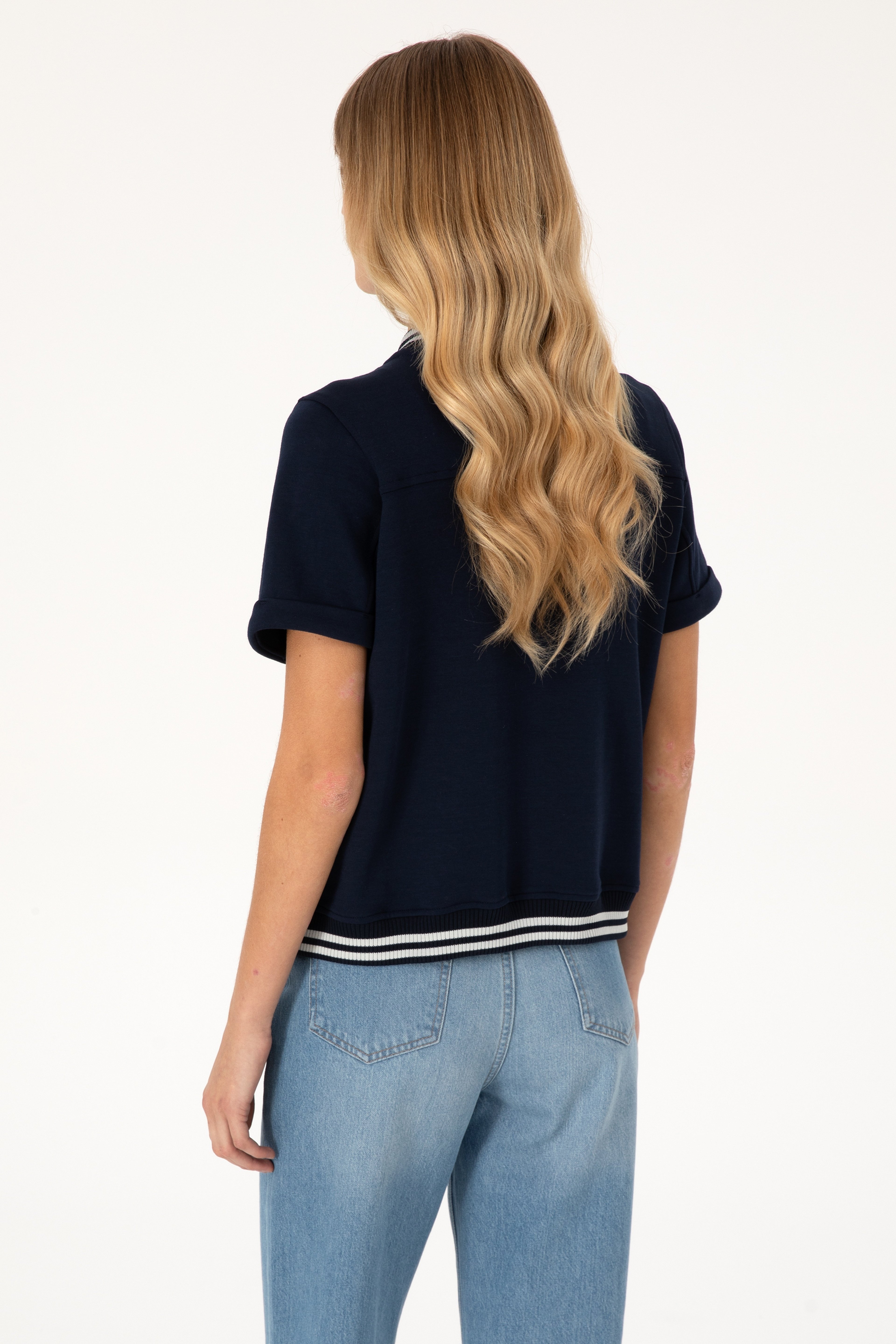 Kadın Lacivert Kısa Kollu Fermuarlı Bisiklet Yaka Sweatshirt