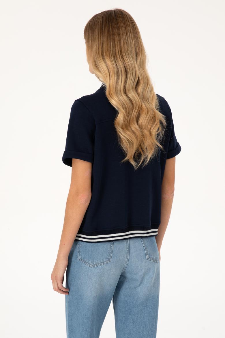 Kadın Lacivert Kısa Kollu Fermuarlı Bisiklet Yaka Sweatshirt - 50309093006