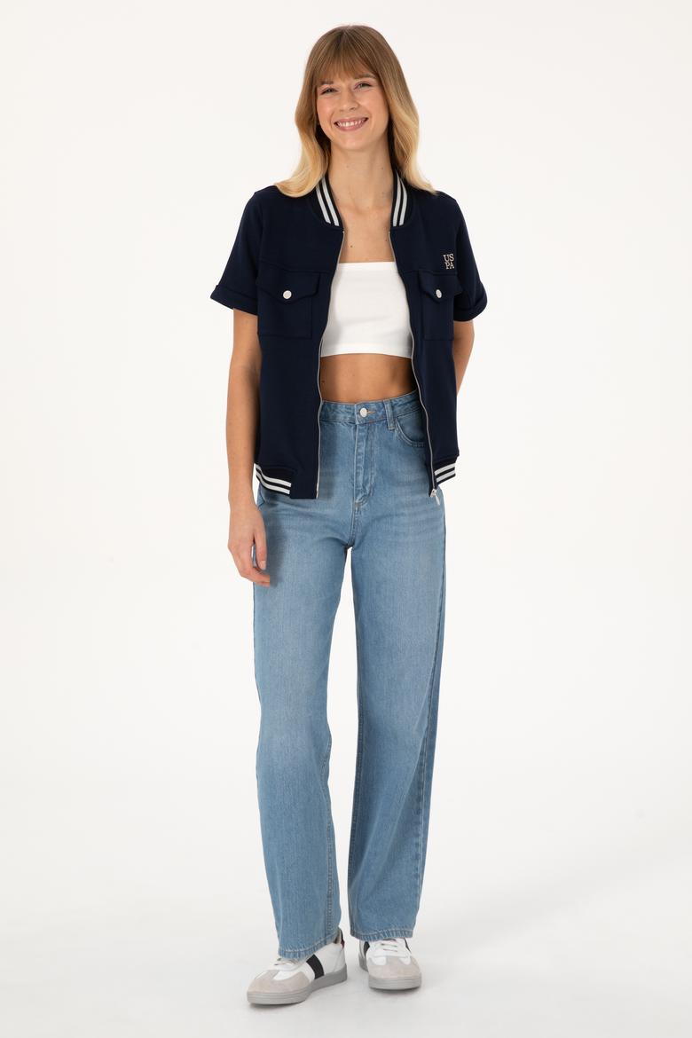 Kadın Lacivert Kısa Kollu Fermuarlı Bisiklet Yaka Sweatshirt - 50309093006