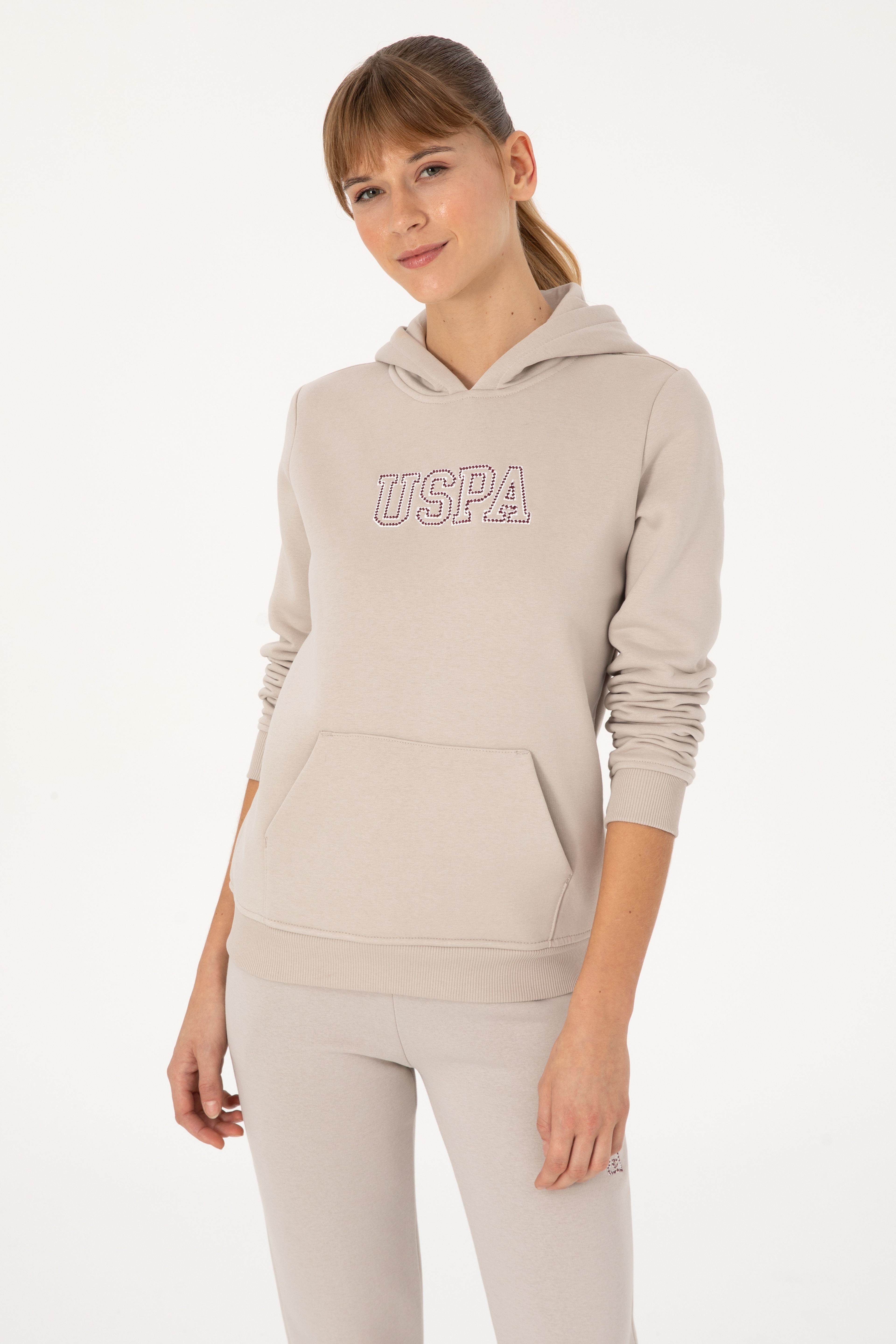 Kadın Taş Şardonlu Kapüşonlu Basic Sweatshirt - Image 1
