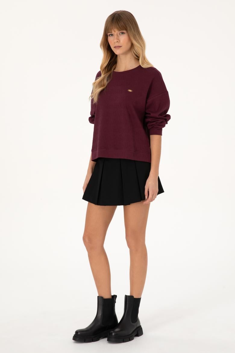 Kadın Bordo Bisiklet Yaka Sweatshirt - 50309454016